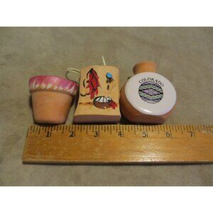 Lot of 3 Miniature Souvenir Pottery Set With Painted Designs & Native Patterns